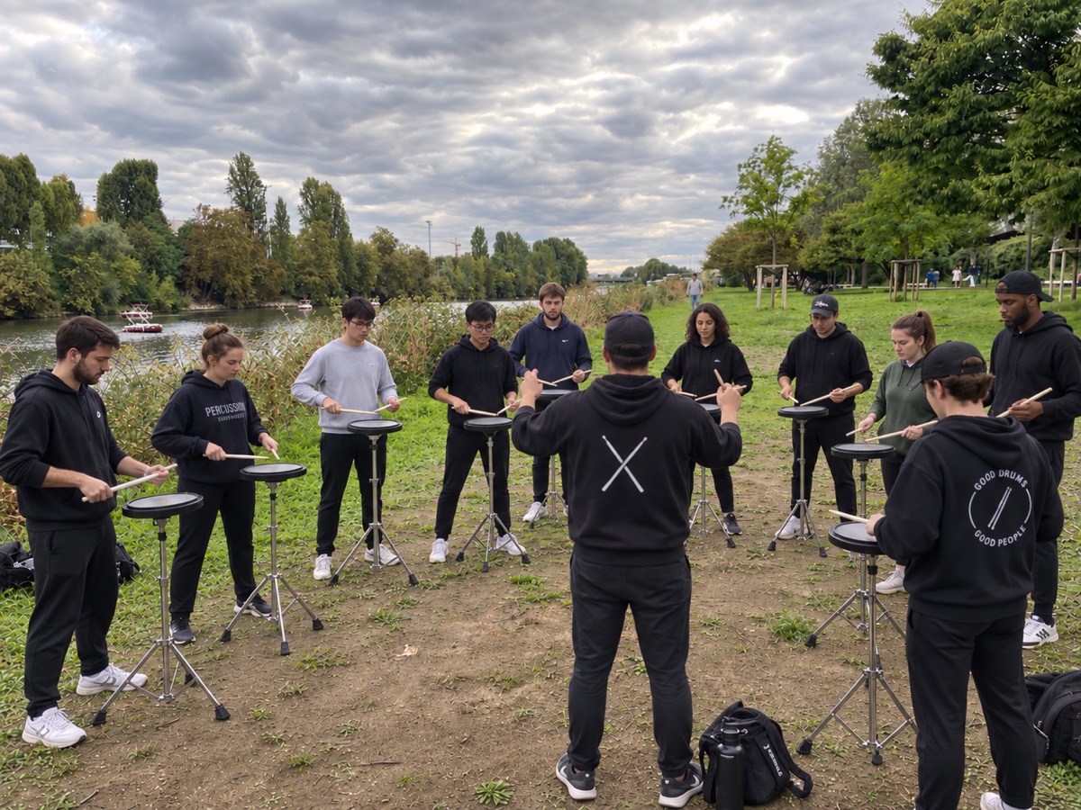 Groupe Drum Line en répétition sur les bords de Seine près de Courbevoie